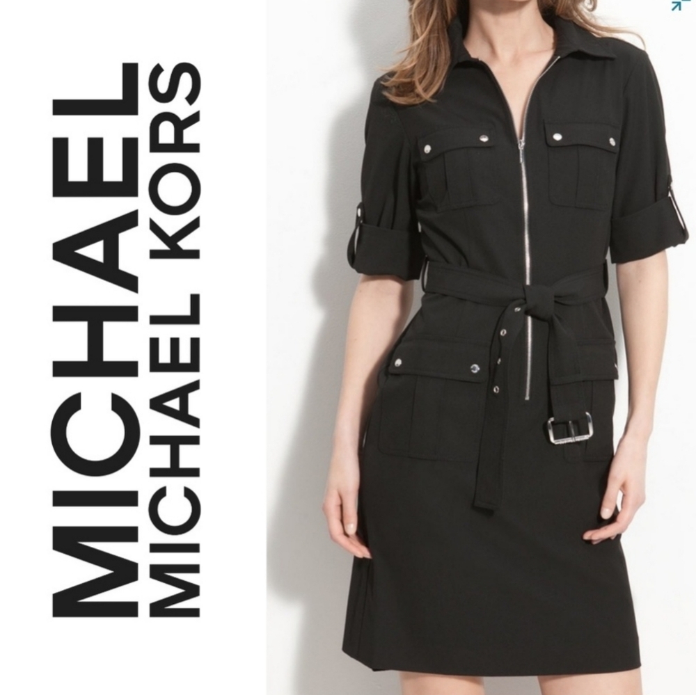Michael Kors Womens Roll Tab Sleeve Pockets Black Collared Dress Size S Small